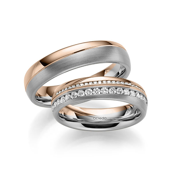Set Bicolor Memoire-trouwringen in grijsgoud 14 kt. roodgoud 14 kt. half gezet met in totaal 0,505 ct. Briljant tw/si van acredo