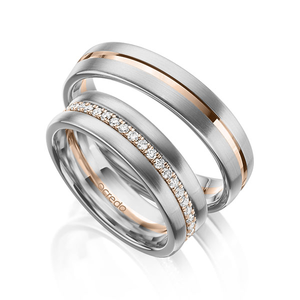 Set Bicolor Memoire-trouwringen in grijsgoud 14 kt. roodgoud 14 kt. volledig gezet met in totaal 0,38 ct. tw/si van acredo
