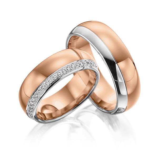 Set Bicolor Memoire-trouwringen in grijsgoud 14 kt. roodgoud 14 kt. volledig gezet met in totaal 0,48 ct. Briljant tw/si van Steinberg - Q-1069-9