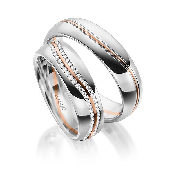 Set Bicolor Memoire-trouwringen in grijsgoud 14 kt. roodgoud 14 kt. volledig gezet met in totaal 0,59 ct. Briljant tw/si van acredo
