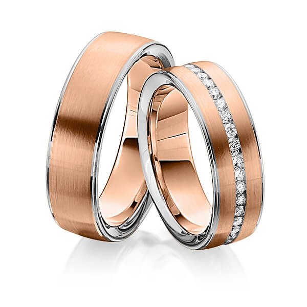 Set Bicolor Memoire-trouwringen in grijsgoud 14 kt. roodgoud 14 kt. volledig gezet met in totaal 0,74 ct. Briljant tw/si van Steinberg