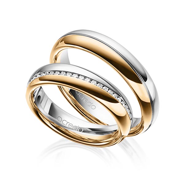 Set Bicolor Memoire-trouwringen in grijsgoud 14 kt. roségoud 14 kt. half gezet met in totaal 0,2 ct. Briljant tw/si van acredo