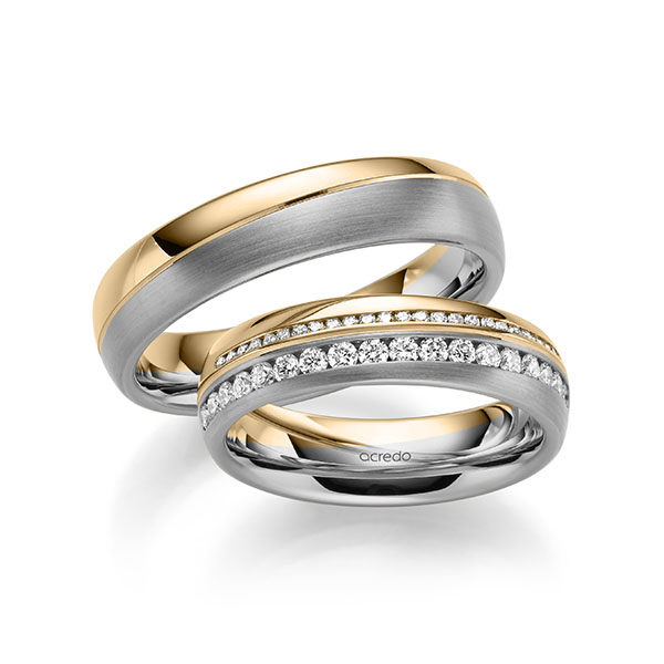Set Bicolor Memoire-trouwringen in grijsgoud 14 kt. roségoud 14 kt. half gezet met in totaal 0,505 ct. Briljant tw/si van acredo