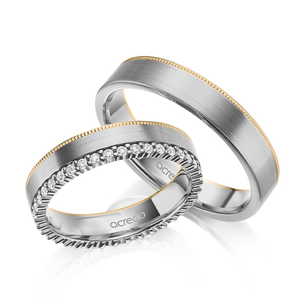 Set Bicolor Memoire-trouwringen in grijsgoud 14 kt. roségoud 14 kt. volledig gezet met in totaal 0,38 ct. tw/si van acredo