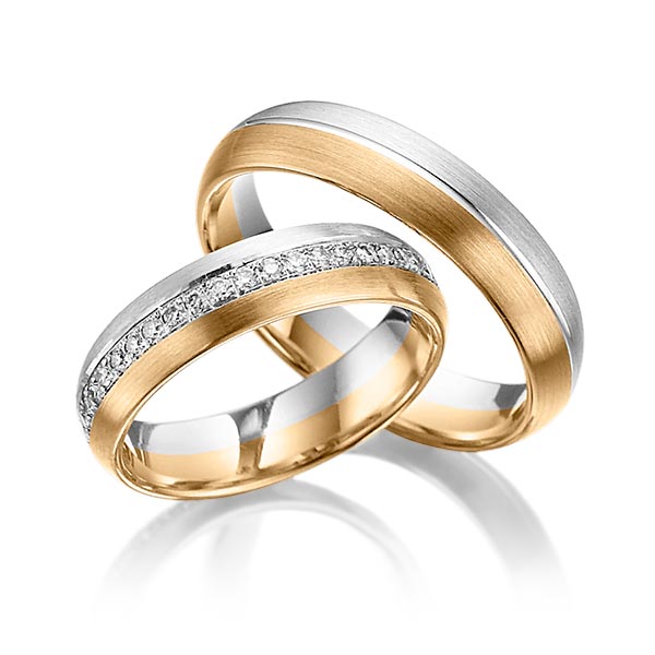 Set Bicolor Memoire-trouwringen in grijsgoud 14 kt. roségoud 14 kt. volledig gezet met in totaal 0,46 ct. Briljant tw/si van Steinberg - Q-1071-5