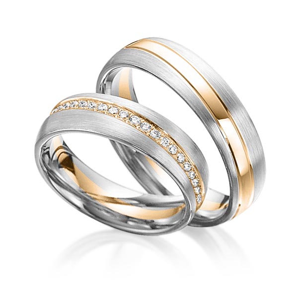 Set Bicolor Memoire-trouwringen in grijsgoud 14 kt. roségoud 14 kt. volledig gezet met in totaal 0,46 ct. Briljant tw/si van Steinberg