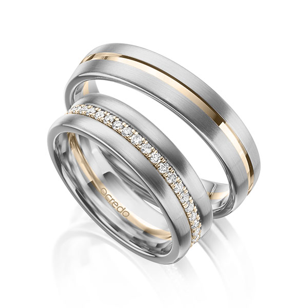 Set Bicolor Memoire-trouwringen in grijsgoud 14 kt. Signature Gold 585 volledig gezet met in totaal 0,38 ct. tw/si van acredo - A-2102-13 Set Bicolor Memoire-trouwringen in grijsgoud 14 kt. Signature Gold 585 volledig gezet met in totaal 0,38 ct. tw/si van acredo - A-2102-13