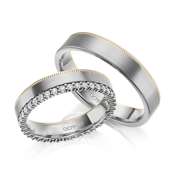 Set Bicolor Memoire-trouwringen in grijsgoud 14 kt. Signature Goud 585 volledig gezet met in totaal 0,38 ct. tw/si van acredo - A-2104-16