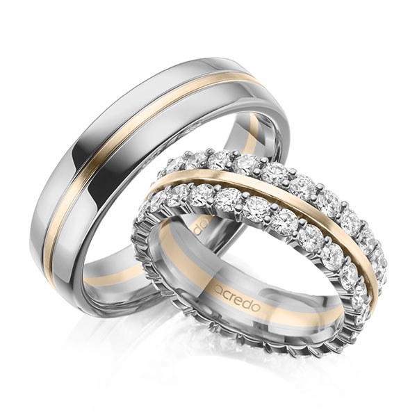 Set Bicolor Memoire-trouwringen in grijsgoud 14 kt. Signature Goud 585 volledig gezet met in totaal 2,5 ct. tw/si van acredo - A-2100-18