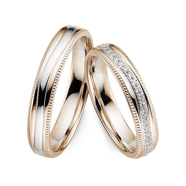 Set Bicolor Memoire-trouwringen in nutcolored-gold 585 witgoud 14 kt. volledig gezet met in totaal 0,27 ct. Briljant tw/si van Merii