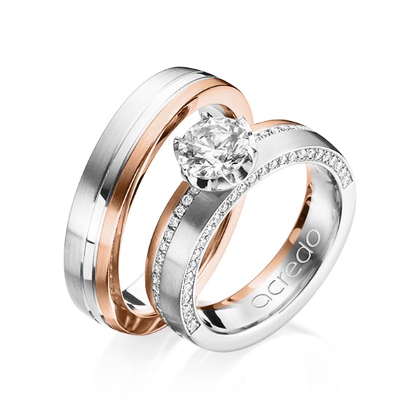 Set Bicolor Memoire-trouwringen in palladium 950 roodgoud 18 kt. half gezet met 0,7 ct. + in totaal 0,275 ct. Briljanten & Briljant tw/si tw,vs van acredo