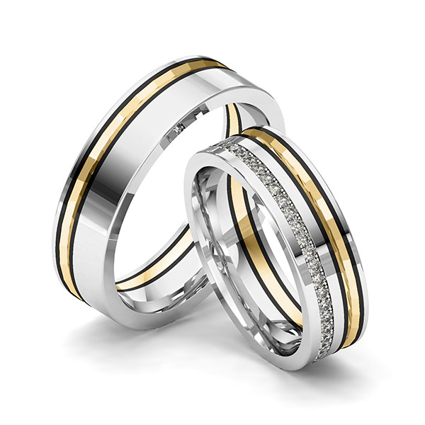 Set Bicolor Memoire-trouwringen in platina 950 geelgoud 18 kt. volledig gezet met in totaal 0,45 ct. Briljant tw/if van Merii - M-1240-2 Set Bicolor Memoire-trouwringen in platina 950 geelgoud 18 kt. volledig gezet met in totaal 0,45 ct. Briljant tw/if van Merii - M-1240-2
