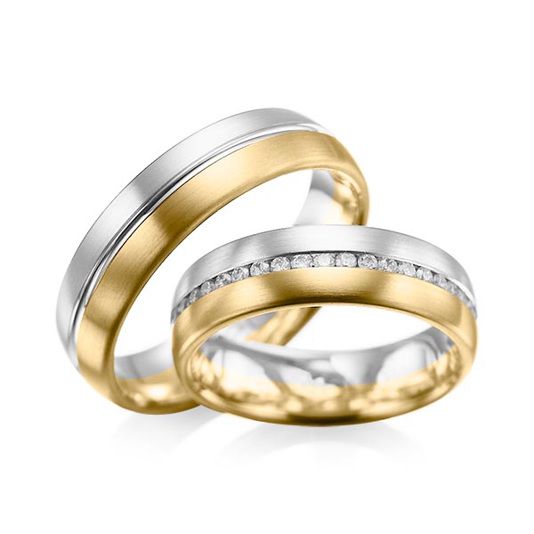 Set Bicolor Memoire-trouwringen in platina 950 geelgoud 18 kt. volledig gezet met in totaal 0,615 ct. Briljant tw/si van acredo