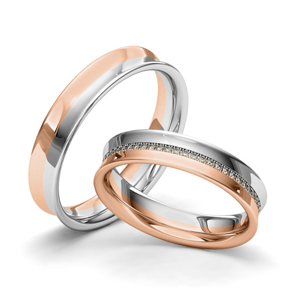 Set Bicolor Memoire-trouwringen in roodgoud 14 kt. grijsgoud 14 kt. volledig gezet met in totaal 0,28 ct. Briljant tw/si van Merii
