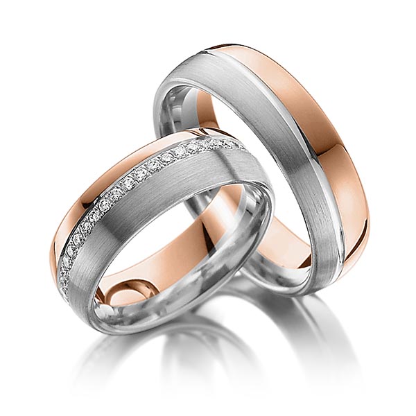Set Bicolor Memoire-trouwringen in roodgoud 14 kt. grijsgoud 14 kt. volledig gezet met in totaal 0,43 ct. Briljant tw/si van Steinberg