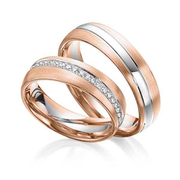 Set Bicolor Memoire-trouwringen in roodgoud 14 kt. grijsgoud 14 kt. volledig gezet met in totaal 0,46 ct. Briljant tw/si van Steinberg