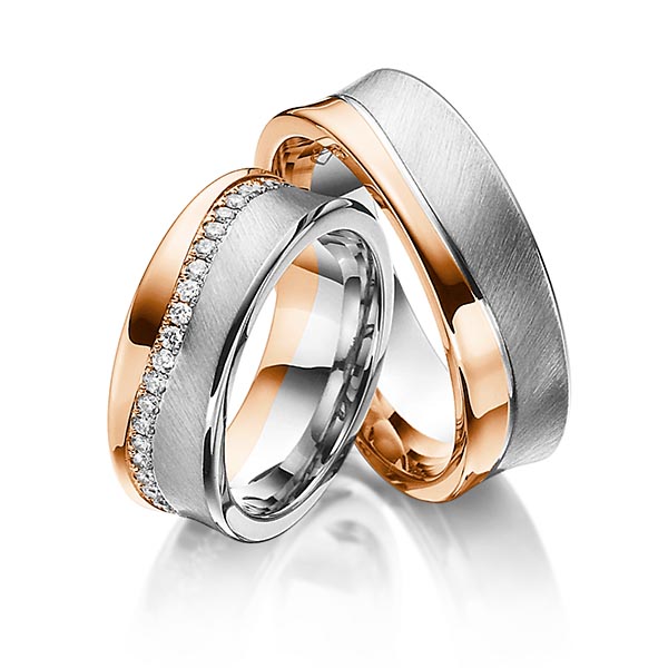 Set Bicolor Memoire-trouwringen in roodgoud 14 kt. grijsgoud 14 kt. volledig gezet met in totaal 0,47 ct. Briljant tw/si van Steinberg - Q-1193-1 Set Bicolor Memoire-trouwringen in roodgoud 14 kt. grijsgoud 14 kt. volledig gezet met in totaal 0,47 ct. Briljant tw/si van Steinberg - Q-1193-1