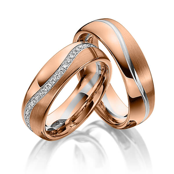 Set Bicolor Memoire-trouwringen in roodgoud 14 kt. grijsgoud 14 kt. volledig gezet met in totaal 0,48 ct. Briljant tw/si van Steinberg