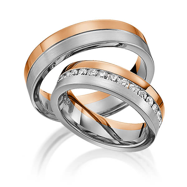 Set Bicolor Memoire-trouwringen in roodgoud 14 kt. grijsgoud 14 kt. volledig gezet met in totaal 0,99 ct. Briljant tw/si van Steinberg - Q-1194-3 Set Bicolor Memoire-trouwringen in roodgoud 14 kt. grijsgoud 14 kt. volledig gezet met in totaal 0,99 ct. Briljant tw/si van Steinberg - Q-1194-3