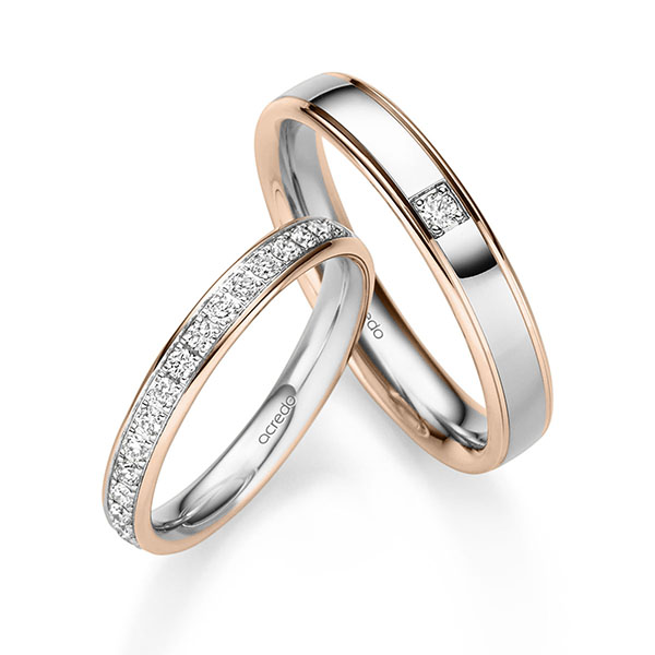 Set Bicolor Memoire-trouwringen in roodgoud 14 kt. witgoud 14 kt. half gezet met in totaal 0,3 ct. Briljant tw/si van acredo
