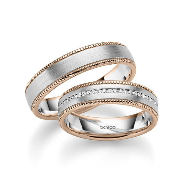 Set Bicolor Memoire-trouwringen in roodgoud 14 kt. witgoud 14 kt. volledig gezet met in totaal 0,28 ct. Briljant tw/si van acredo