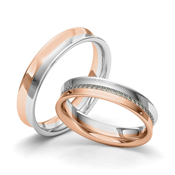 Set Bicolor Memoire-trouwringen in roodgoud 14 kt. witgoud 14 kt. volledig gezet met in totaal 0,28 ct. Briljant tw/si van Merii - M-1256-2