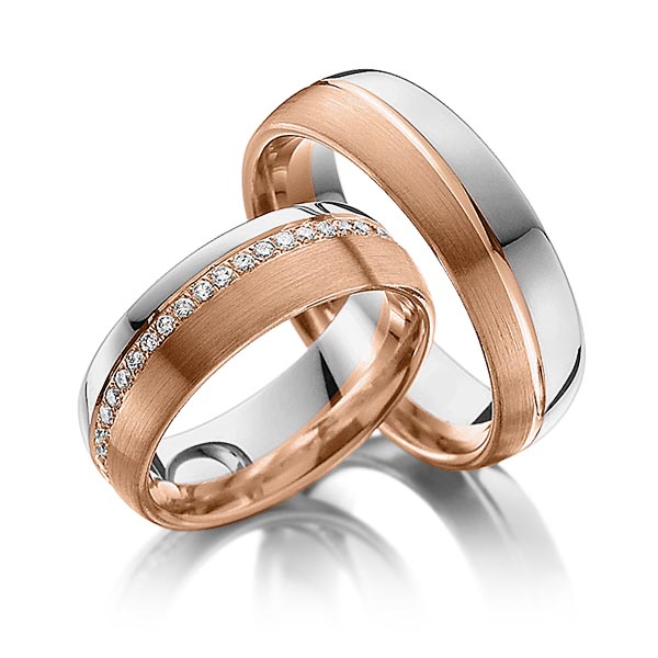 Set Bicolor Memoire-trouwringen in roodgoud 14 kt. witgoud 14 kt. volledig gezet met in totaal 0,43 ct. Briljant tw/si van Steinberg