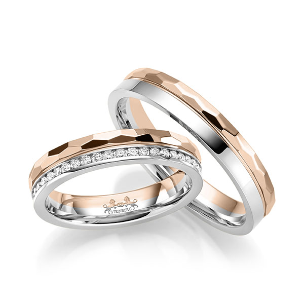 Set Bicolor Memoire-trouwringen in roodgoud 14 kt. witgoud 14 kt. volledig gezet met in totaal 0,45 ct. Briljant tw/si van Steinberg