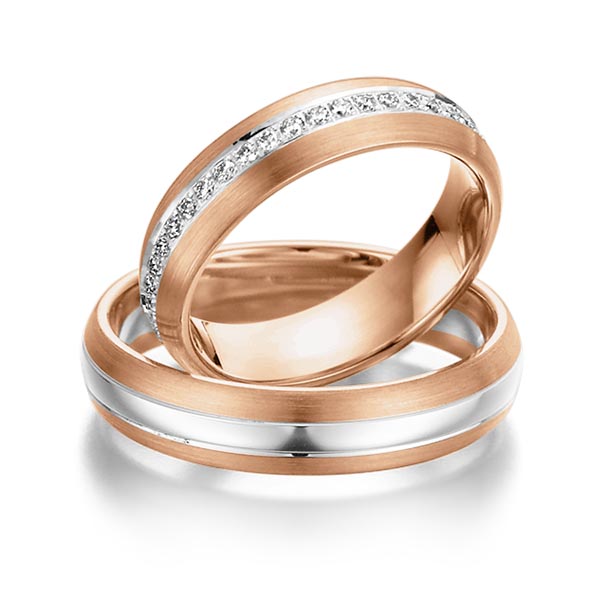 Set Bicolor Memoire-trouwringen in roodgoud 14 kt. witgoud 14 kt. volledig gezet met in totaal 0,46 ct. Briljant tw/si van Steinberg - Q-1072-9