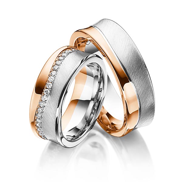 Set Bicolor Memoire-trouwringen in roodgoud 14 kt. witgoud 14 kt. volledig gezet met in totaal 0,47 ct. Briljant tw/si van Steinberg - Q-1193-4 Set Bicolor Memoire-trouwringen in roodgoud 14 kt. witgoud 14 kt. volledig gezet met in totaal 0,47 ct. Briljant tw/si van Steinberg - Q-1193-4