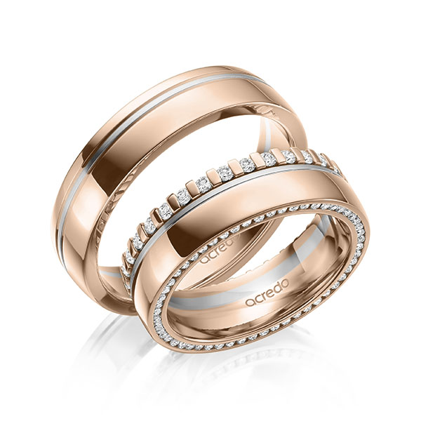 Set Bicolor Memoire-trouwringen in roodgoud 14 kt. witgoud 14 kt. volledig gezet met in totaal 0,75 ct. Briljant tw/si van acredo