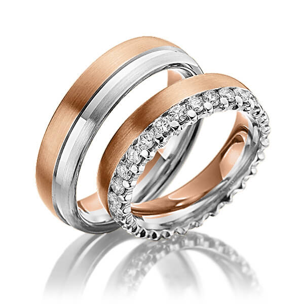 Set Bicolor Memoire-trouwringen in roodgoud 14 kt. witgoud 14 kt. volledig gezet met in totaal 1,3 ct. Briljant tw/si van Steinberg
