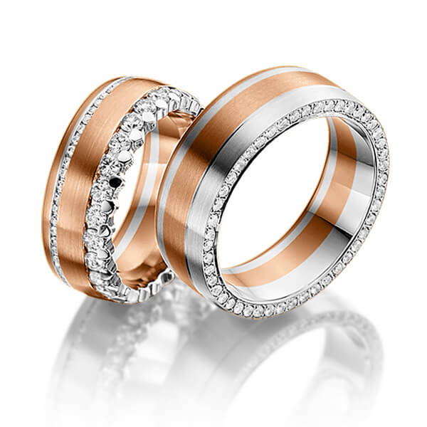 Set Bicolor Memoire-trouwringen in roodgoud 14 kt. witgoud 14 kt. volledig gezet met in totaal 2,15 ct. Briljant tw/si van Steinberg