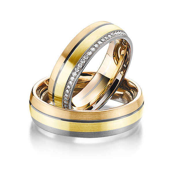 Set Bicolor Memoire-trouwringen in roségoud 14 kt. dark grey gold 14 kt. geelgoud 14 kt. volledig gezet met in totaal 0,3 ct. Briljant tw/si van Steinberg