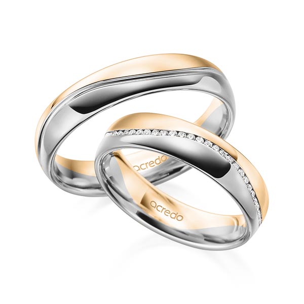 Set Bicolor Memoire-trouwringen in roségoud 14 kt. grijsgoud 14 kt. half gezet met in totaal 0,14 ct. Briljant tw/si van acredo