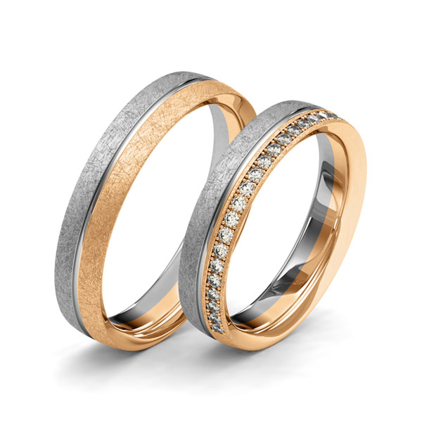 Set Bicolor Memoire-trouwringen in roségoud 14 kt. grijsgoud 14 kt. half gezet met in totaal 0,22 ct. Briljant tw/si van Merii