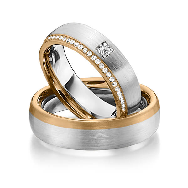 Set Bicolor Memoire-trouwringen in roségoud 14 kt. grijsgoud 14 kt. volledig gezet met in totaal 0,41 ct. Briljant & Princess-Diamant tw/si van Steinberg