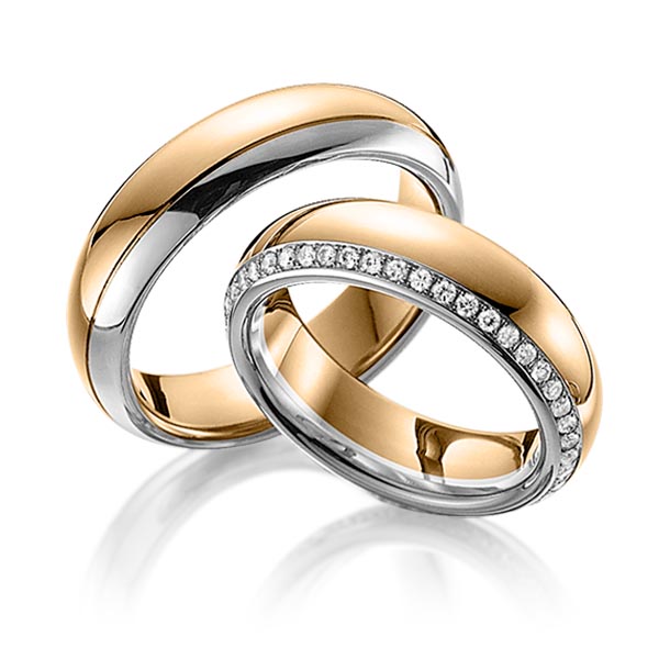Set Bicolor Memoire-trouwringen in roségoud 14 kt. grijsgoud 14 kt. volledig gezet met in totaal 0,47 ct. Briljant tw/si van Eternal Touch