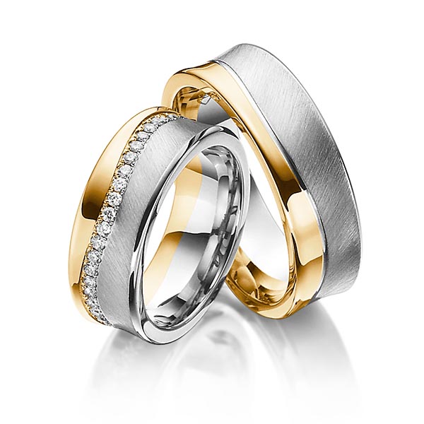 Set Bicolor Memoire-trouwringen in roségoud 14 kt. grijsgoud 14 kt. volledig gezet met in totaal 0,47 ct. Briljant tw/si van Steinberg - Q-1193-3 Set Bicolor Memoire-trouwringen in roségoud 14 kt. grijsgoud 14 kt. volledig gezet met in totaal 0,47 ct. Briljant tw/si van Steinberg - Q-1193-3