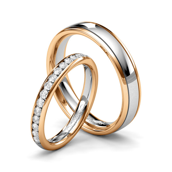 Set Bicolor Memoire-trouwringen in roségoud 14 kt. witgoud 14 kt. half gezet met in totaal 0,48 ct. Briljant tw/si van acredo