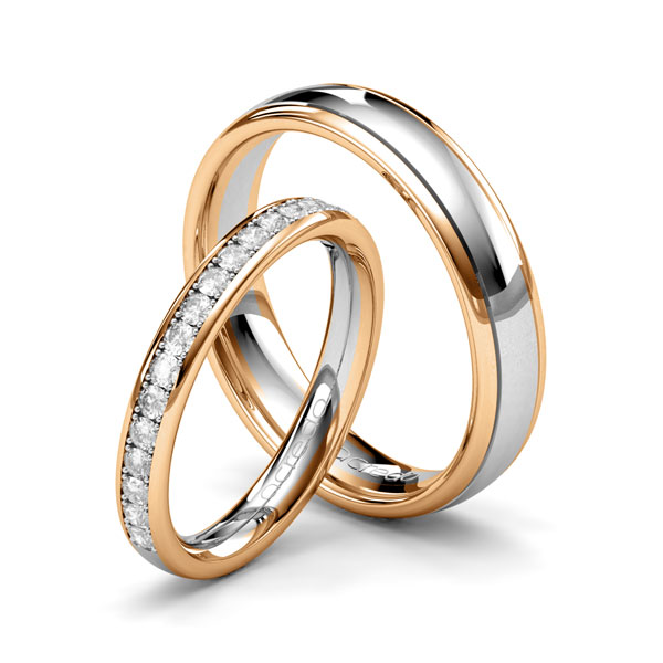 Set Bicolor Memoire-trouwringen in roségoud 14 kt. witgoud 14 kt. half gezet met in totaal 0,4 ct. Briljant tw/si van acredo