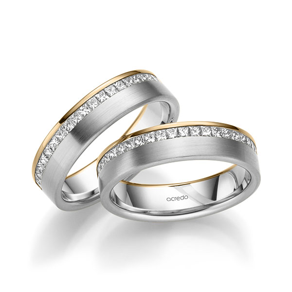 Set Bicolor Memoire-trouwringen in roségoud 14 kt. witgoud 14 kt. half gezet met in totaal 1,08 ct. Princess-Diamant tw/si van acredo