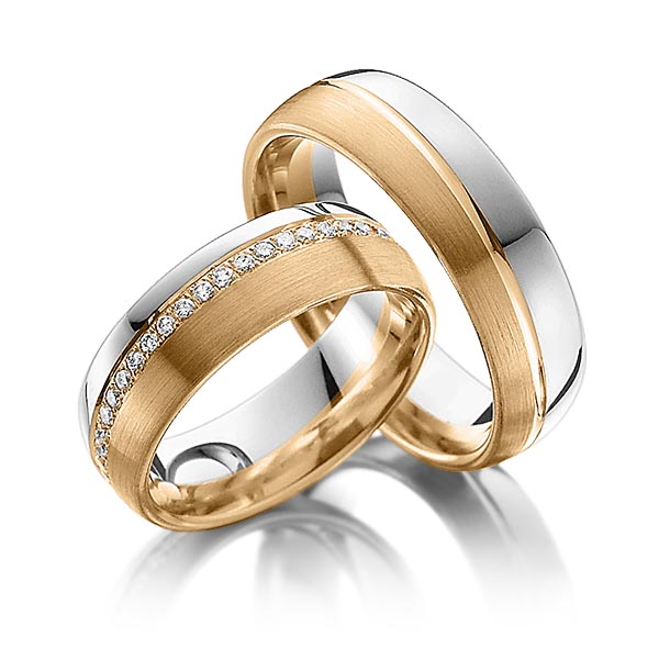 Set Bicolor Memoire-trouwringen in roségoud 14 kt. witgoud 14 kt. volledig gezet met in totaal 0,43 ct. Briljant tw/si van Steinberg