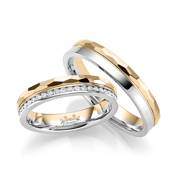 Set Bicolor Memoire-trouwringen in roségoud 14 kt. witgoud 14 kt. volledig gezet met in totaal 0,45 ct. Briljant tw/si van Steinberg - Q-1692-1 Set Bicolor Memoire-trouwringen in roségoud 14 kt. witgoud 14 kt. volledig gezet met in totaal 0,45 ct. Briljant tw/si van Steinberg - Q-1692-1