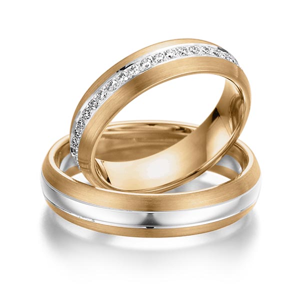 Set Bicolor Memoire-trouwringen in roségoud 14 kt. witgoud 14 kt. volledig gezet met in totaal 0,46 ct. Briljant tw/si van Steinberg - Q-1072-8