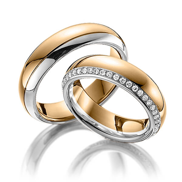 Set Bicolor Memoire-trouwringen in roségoud 14 kt. witgoud 14 kt. volledig gezet met in totaal 0,47 ct. Briljant tw/si van Steinberg