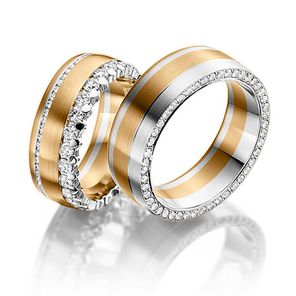Set Bicolor Memoire-trouwringen in roségoud 14 kt. witgoud 14 kt. volledig gezet met in totaal 2,15 ct. Briljant tw/si van Steinberg