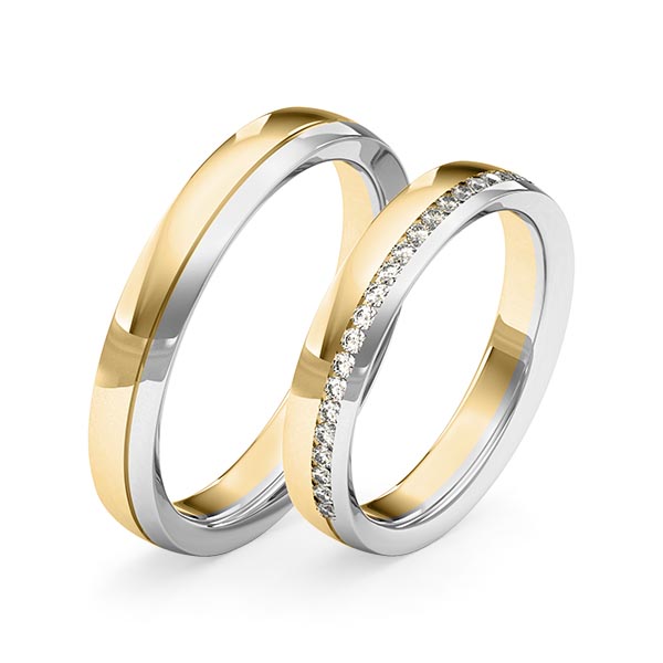 Set Bicolor Memoire-trouwringen in witgoud 14 kt. geelgoud 14 kt. half gezet met in totaal 0,22 ct. Briljant tw/si van Merii