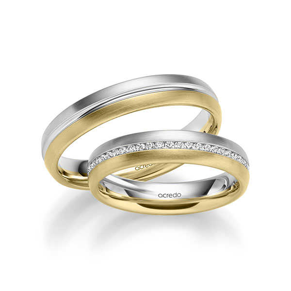 Set Bicolor Memoire-trouwringen in witgoud 14 kt. geelgoud 14 kt. volledig gezet met in totaal 0,392 ct. Briljant tw/si van acredo