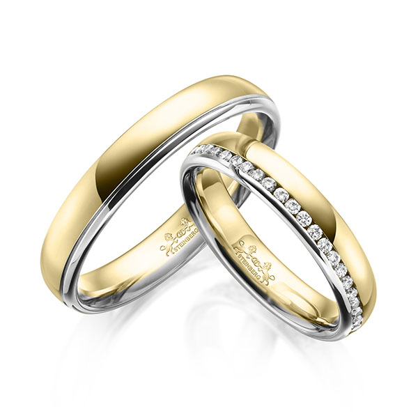 Set Bicolor Memoire-trouwringen in witgoud 14 kt. geelgoud 14 kt. volledig gezet met in totaal 0,45 ct. Briljant tw/si van Steinberg